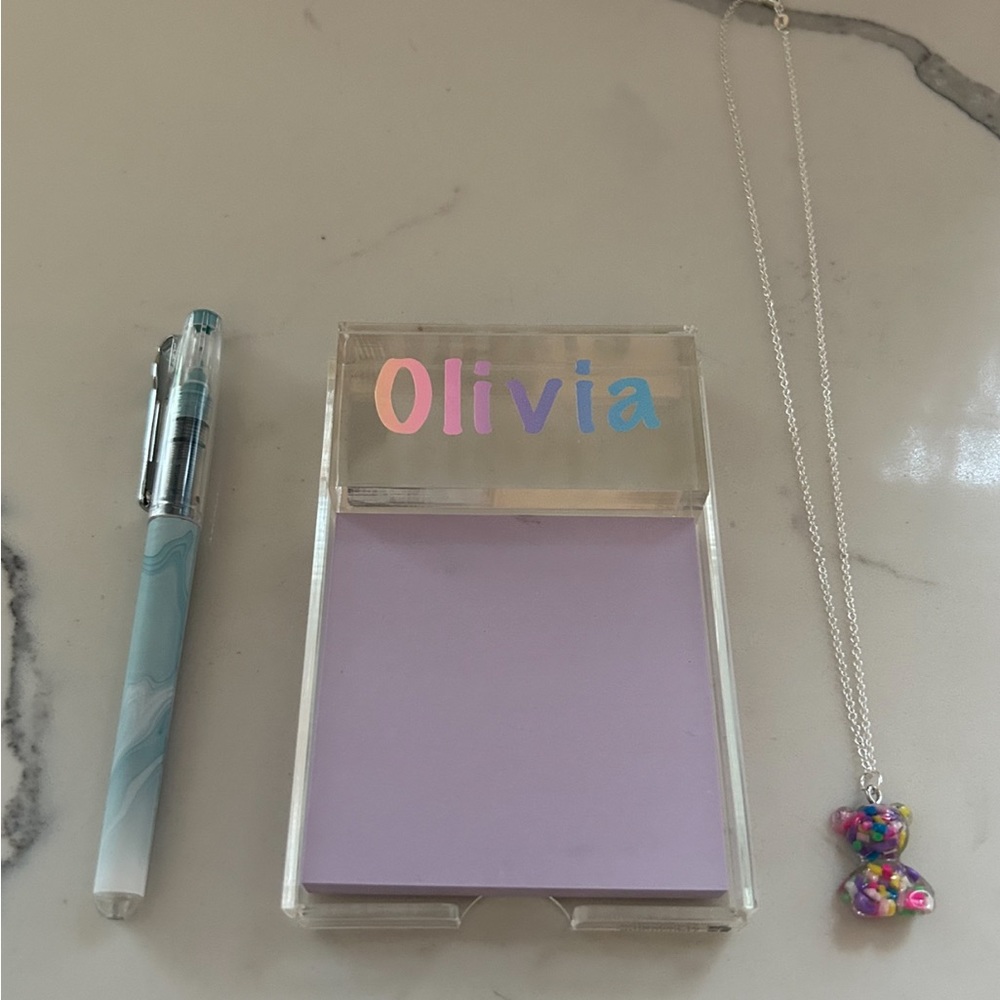 Personalized post it note holder with pen and necklace included.